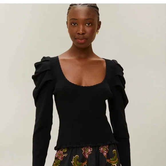 FARM Rio XL Ribbed Blouse with Ruffled Sleeves Black and Blush available - Picture 4 of 4